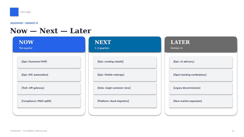 Op de afbeelding: Een zakelijk roadmap-diagram met de titel Now - Next - Later, georganiseerd in drie verticale kolommen met blauwe, donkerblauwe en grijze koppen. Elke kolom bevat vier projecttaken in witte rechthoekige vakken, waarin de strategische doelen voor het huidige kwartaal, de volgende 1-2 kwartalen en de langetermijnhorizon worden beschreven.