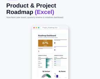 Product & Project Roadmap | Now Next Later Board, Quarterly Timeline, Initiatives Dashboard | Excel Roadmap Template