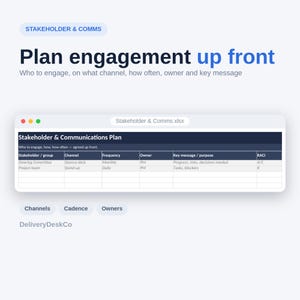 May include: A digital spreadsheet titled Stakeholder & Communications Plan with columns for Stakeholder/group, Channel, Frequency, Owner, Key message/purpose, and RACI. The header text reads Plan engagement up front and Stakeholder & Comms.