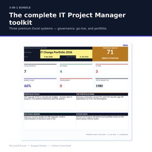 May include: A 3-in-1 digital bundle titled The complete IT Project Manager toolkit, featuring three premium Excel systems. The display shows a Portfolio Status Report for IT Change Portfolio 2026 with metrics on project health, budget, risks, and decisions.