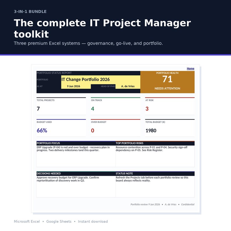 May include: A 3-in-1 digital bundle titled The complete IT Project Manager toolkit, featuring three premium Excel systems. The display shows a Portfolio Status Report for IT Change Portfolio 2026 with metrics on project health, budget, risks, and decisions.