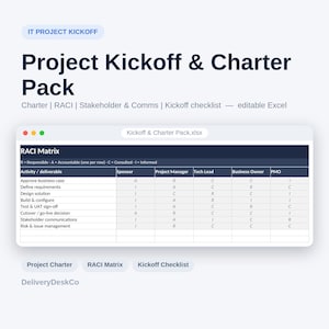 May include: A digital Project Kickoff & Charter Pack template featuring an editable Excel RACI matrix. The interface displays project roles including Sponsor, Project Manager, Tech Lead, Business Owner, and PMO with task assignments for activities.