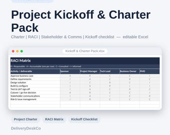 Modèle de charte de projet Excel | Kit de lancement avec matrice RACI, cartographie des parties prenantes et plan de communication | Feuille de calcul pour le lancement de projets informatiques