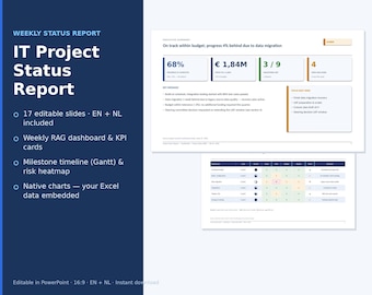 PowerPoint de rapport sur l'état du projet informatique | Présentation de la situation hebdomadaire, tableau de bord RAG et chronologie de Gantt | Anglais + néerlandais