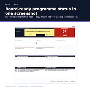 IT Program Governance Pack | Auto Health Dashboard, RAID Log, SteerCo Status & Milestone Tracker | Excel Project Management Template