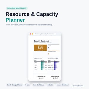Puede incluir: Una plantilla digital de planificaci&oacute;n de recursos y capacidad que presenta un panel de control con una m&eacute;trica de utilizaci&oacute;n del 82%, tama&ntilde;o del equipo y tablas de asignaci&oacute;n por proyecto en una ventana blanca y limpia.