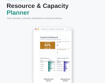 Planificateur de ressources et de capacités | Répartition des équipes, tableau de bord de l'utilisation, carte thermique de la charge de travail | Modèle Excel de gestion de projet