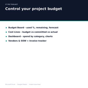 IT Project Budget & Vendor Tracker | Cost Lines, SOW, Invoices, Plan vs Actual Dashboard | Excel Budget Template image 3