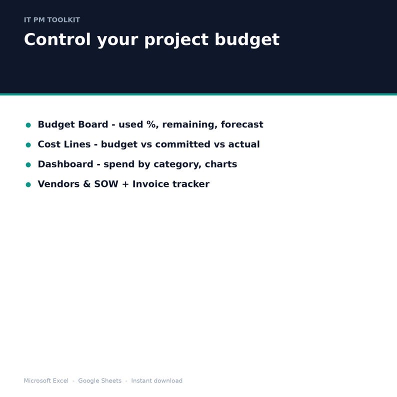 IT Project Budget & Vendor Tracker | Cost Lines, SOW, Invoices, Plan vs Actual Dashboard | Excel Budget Template image 3
