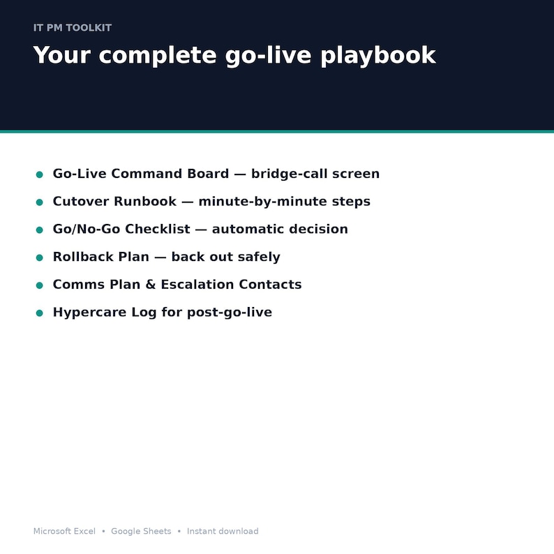Cutover Runbook Excel Template | Go Live Plan, Hypercare Exit Criteria, Rollback & Release Management | ERP IT Project Spreadsheet image 3