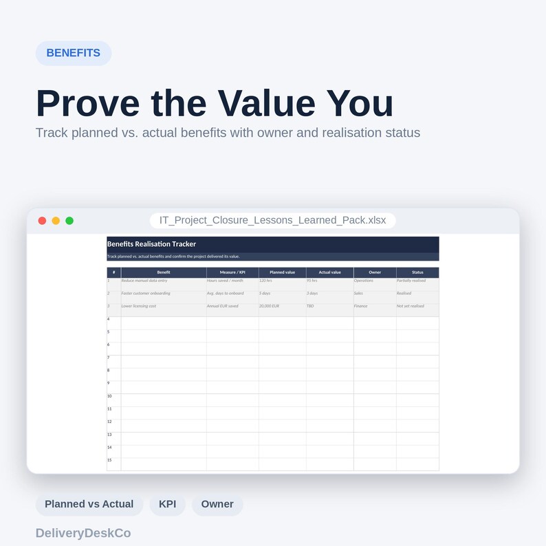 Puede incluir: Una hoja de c&aacute;lculo digital titulada Benefits Realisation Tracker mostrada en una ventana llamada IT_Project_Closure_Lessons_Learned_Pack.xlsx. La tabla incluye columnas para Benefit, Measure/KPI, Planned value, Actual value, Owner y Status.