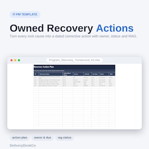 May include: A digital IT-PM template titled Owned Recovery Actions, featuring a spreadsheet named Program_Recovery_Turnaround_Kit.xlsx. The table includes columns for ID, Recovery Action, Linked Root Cause, Owner, Priority, Due Date, Status, and RAG.