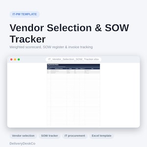 Może przedstawiać: Cyfrowy szablon IT-PM zatytułowany Vendor Selection & SOW Tracker, zawierający ważoną kartę wynik&oacute;w, rejestr SOW i śledzenie faktur. Interfejs wyświetla plik arkusza kalkulacyjnego o nazwie IT_Vendor_Selection_SOW_Tracker.xlsx z tabelą macierzy wymagań.
