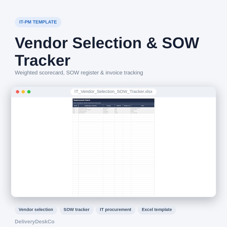 Może przedstawiać: Cyfrowy szablon IT-PM zatytułowany Vendor Selection & SOW Tracker, zawierający ważoną kartę wynik&oacute;w, rejestr SOW i śledzenie faktur. Interfejs wyświetla plik arkusza kalkulacyjnego o nazwie IT_Vendor_Selection_SOW_Tracker.xlsx z tabelą macierzy wymagań.