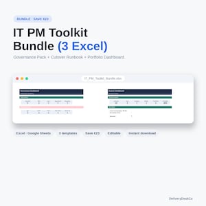 May include: IT PM Toolkit Bundle featuring three Excel templates: Governance Pack, Cutover Runbook, and Portfolio Dashboard. The digital interface displays a Governance Dashboard and a Cutover Dashboard with data tables, progress bars, and status metrics.