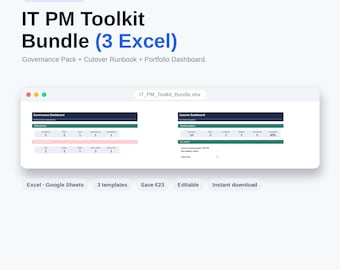Projektmanagement Excel Bundle | IT Toolkit: Goverance Pack + Cutover Runbook + Portfolio Dashboard | 3 Premium Vorlagen