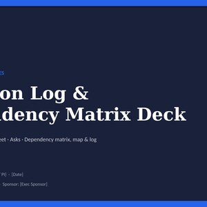 Peut inclure: Une diapositive de pr&eacute;sentation num&eacute;rique bleu fonc&eacute; intitul&eacute;e Decision Log & Dependency Matrix Deck. Elle comprend des champs de texte pour Your Logo, Decisions & Dependencies, Decision log, Decision sheet, Asks, Dependency matrix, map & log, Programme name, Quarter, Date, Owner et Sponsor.