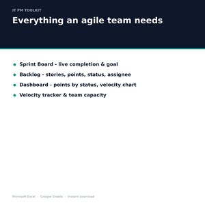 Peut inclure: Un document num&eacute;rique IT PM toolkit intitul&eacute; Everything an agile team needs. Il liste des fonctionnalit&eacute;s comme un Sprint Board, un Backlog avec stories et points, un Dashboard avec graphiques de v&eacute;locit&eacute; et un suivi de v&eacute;locit&eacute;. Compatible Microsoft Excel et Google Sheets.