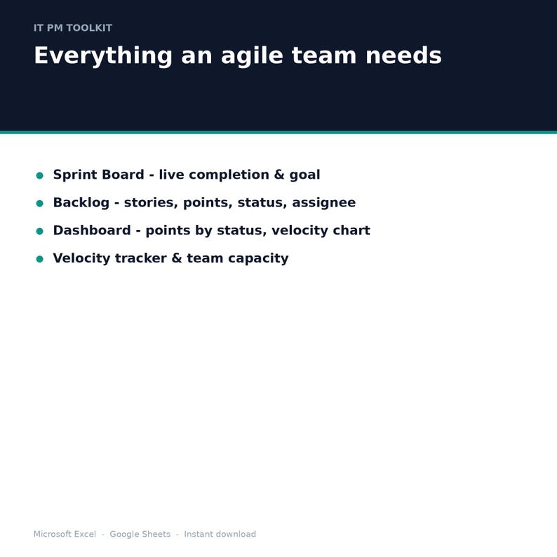 Peut inclure: Un document num&eacute;rique IT PM toolkit intitul&eacute; Everything an agile team needs. Il liste des fonctionnalit&eacute;s comme un Sprint Board, un Backlog avec stories et points, un Dashboard avec graphiques de v&eacute;locit&eacute; et un suivi de v&eacute;locit&eacute;. Compatible Microsoft Excel et Google Sheets.