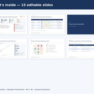 May include: A digital presentation template featuring 15 editable slides with a dark blue and white colour scheme. The slides display business data, including project status tables, financial charts, benefit analysis, and risk assessment matrices.