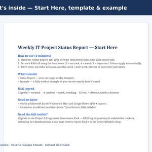 Wöchentlicher IT-Projektstatus melden Vorlage Excel | One Page RAG Dashboard, KPIs & Meilensteine | Projektleiter Status Update Bild 3