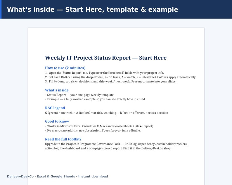 Wöchentlicher IT-Projektstatus melden Vorlage Excel | One Page RAG Dashboard, KPIs & Meilensteine | Projektleiter Status Update Bild 3