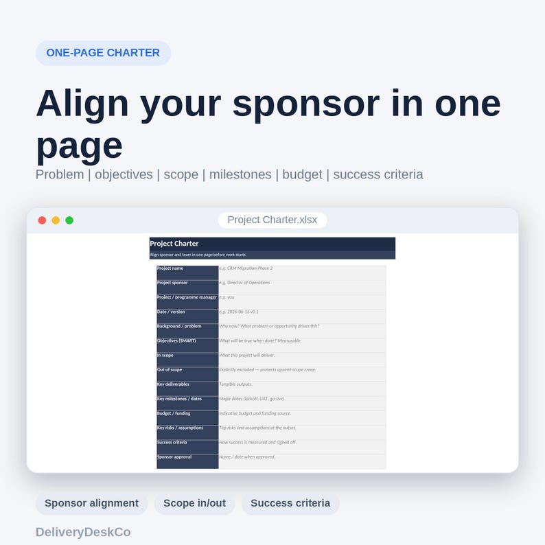 May include: A digital project charter template displayed in a spreadsheet window. The document includes sections for project name, sponsor, manager, objectives, scope, deliverables, milestones, budget, risks, and success criteria for project alignment.