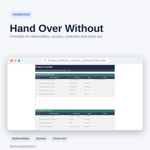 Puede incluir: Un documento digital titulado Hand Over Without, que presenta una lista de verificaci&oacute;n de transferencia de proyectos para entregables, acceso, contratos y cierre. La interfaz muestra una hoja de c&aacute;lculo de Excel llamada IT_Project_Closure_Lessons_Learned_Pack.xlsx con columnas para elementos, transferencia a, estado y notas, organizadas bajo las secciones Deliverables & Documentation y Responsibilities & Close Out.