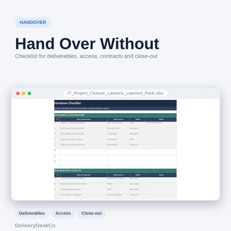 Puede incluir: Un documento digital titulado Hand Over Without, que presenta una lista de verificaci&oacute;n de transferencia de proyectos para entregables, acceso, contratos y cierre. La interfaz muestra una hoja de c&aacute;lculo de Excel llamada IT_Project_Closure_Lessons_Learned_Pack.xlsx con columnas para elementos, transferencia a, estado y notas, organizadas bajo las secciones Deliverables & Documentation y Responsibilities & Close Out.