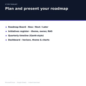 May include: A digital document titled IT PM TOOLKIT Plan and present your roadmap. It lists four features: Roadmap Board - Now / Next / Later, Initiatives register - theme, owner, RAG, Quarterly timeline (Gantt-style), and Dashboard - horizon, theme & charts.