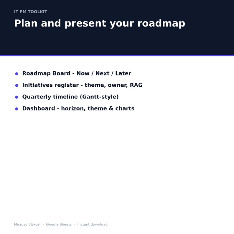 May include: A digital document titled IT PM TOOLKIT Plan and present your roadmap. It lists four features: Roadmap Board - Now / Next / Later, Initiatives register - theme, owner, RAG, Quarterly timeline (Gantt-style), and Dashboard - horizon, theme & charts.