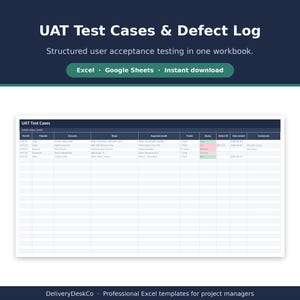 May include: A digital spreadsheet template titled UAT Test Cases & Defect Log. The document features columns for Test ID, Module, Scenario, Steps, Expected result, Tester, Status, Defect ID, Date tested, and Comments, with rows showing sample data.