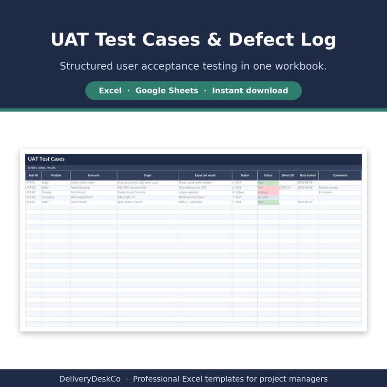 May include: A digital spreadsheet template titled UAT Test Cases & Defect Log. The document features columns for Test ID, Module, Scenario, Steps, Expected result, Tester, Status, Defect ID, Date tested, and Comments, with rows showing sample data.