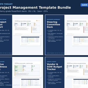 K&ouml;nnte beinhalten: Ein IT-Projektmanagement-Vorlagenpaket mit vier PowerPoint-Pr&auml;sentationen. Die Folien zeigen Statusberichte, Lenkungsausschuss-Unterlagen, Go-Live-Bereitschaftsberichte und Budget-Tracker f&uuml;r Anbieter mit Diagrammen, Tabellen und Datenmetriken.