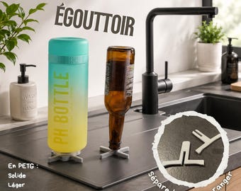 May include: A grey cross-shaped bottle drying rack made of PETG plastic. The rack is shown supporting a yellow and teal gradient water bottle and a brown glass bottle. The text "ÉGOUTTOIR" and "Plus de 10 couleurs disponibles" appear above.