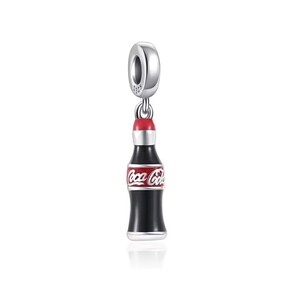 May include: A silver charm bead featuring a miniature black and red bottle shaped pendant with the Coca-Cola logo printed in white on a red band. The top of the charm has a circular loop stamped with 925, indicating sterling silver construction.