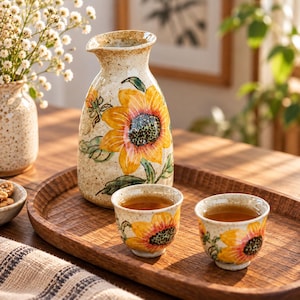 May include: A ceramic sake set featuring a speckled cream glaze with hand-painted yellow sunflower motifs. The set includes one tall, narrow-necked carafe and two small, matching cups, all decorated with vibrant floral designs and green leaves.
