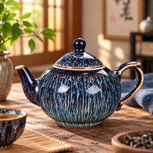 Może przedstawiać: Ceramiczny czajniczek z głęboką niebiesko-brązową glazurą z pionowym wzorem zacieków. Czajniczek ma zaokrąglony korpus, zakrzywioną wylewkę, pasującą pokrywkę z małym uchwytem w kształcie gałki oraz solidny boczny uchwyt, wszystko z połyskiem.