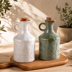 Puede incluir: Dos aceiteras de cerámica con tapones de corcho, una con esmalte blanco moteado y la otra con esmalte verde salvia jaspeado. Cada botella presenta un cuerpo redondeado, cuello estrecho, una pequeña asa lateral y un pico para verter.