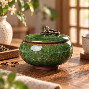May include: A round, emerald green ceramic jar with a distinct crackle glaze finish. The jar features a matching lid topped with a small, circular bronze-toned metal ring handle. The base of the container is a contrasting dark, unglazed brown clay.
