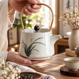 May include: A ceramic teapot with a cream-colored glaze and a hand-painted green and pink floral design. The teapot features a curved bamboo handle and a dark brown spherical knob on the lid, with a short spout extending from the side.