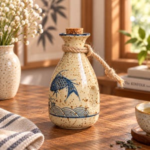 Pode incluir: Uma garrafa de cerâmica com esmalte creme salpicado, apresentando um design de peixe e ondas pintado em azul. A garrafa tem um gargalo estreito, uma rolha de cortiça e uma corda decorativa bege amarrada em torno da parte superior.