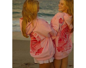 Bluza z kapturem z haftem Pink Palm Puff, sweter Everything Comes In Waves, prezent dla córki
