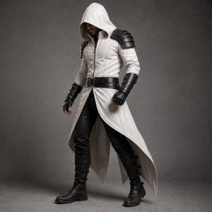 May include: A long, off-white hooded coat featuring a front zipper, black shoulder armor plates, and a black waist belt. The outfit includes black fingerless gauntlets with buckles, black trousers, and black calf-high boots with multiple straps.