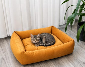 Panier pour chien et chat en velours cousu main | Fond antidérapant | 55 × 45 cm