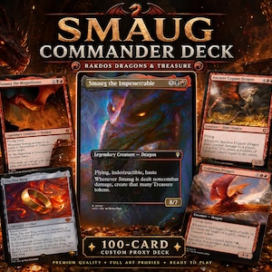 May include: A 100-card custom proxy deck titled Smaug Commander Deck Rakdos Dragons & Treasure. The set features five Magic: The Gathering style cards including Smaug the Impenetrable, Smaug the Magnificent, Ancient Copper Dragon, Goldspan Dragon, and The One Ring, displayed against a background of gold coins and a dragon illustration.