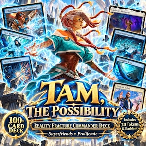 May include: A 100-card Magic: The Gathering Commander deck titled Tam, The Possibility Reality Fracture. The box art features a central figure with braided red hair surrounded by floating game cards including Chandra, Jace, and Gideon.