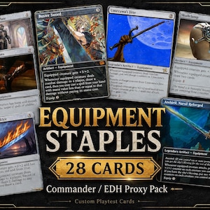 May include: A collection of 28 Magic: The Gathering proxy cards titled Equipment Staples, featuring Commander's Plate, Buster Sword, Umezawa's Jitte, Skullclamp, Lightning Greaves, Sword of Fire and Ice, and Andúril, Narsil Reforged on a dark background.