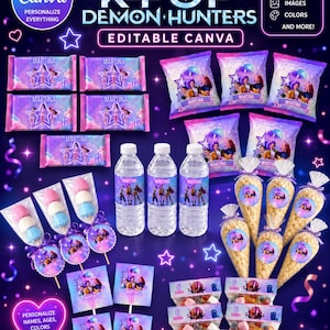 Puede incluir: Un set de artículos para fiestas K-Pop Demon Hunters con plantillas editables de Canva para envoltorios de chocolate, bolsas de patatas, etiquetas de agua, conos de palomitas, brochetas de nubes y bolsas de dulces con estrellas.