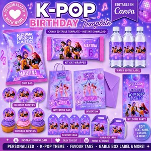 Puede incluir: Un conjunto de plantillas digitales para fiesta de cumpleaños K-Pop con gráficos morados y rosas, estrellas, notas musicales y una bola de discoteca. Incluye diseños para bolsas de patatas, envoltorios, etiquetas y tarjetas de invitación.